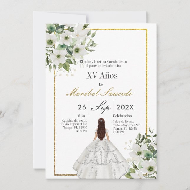 Convite Quinceñera de vestido branco (Frente)