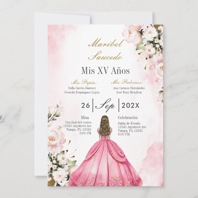 Convite Quinceñera de vestido cor-de-rosa (Frente)