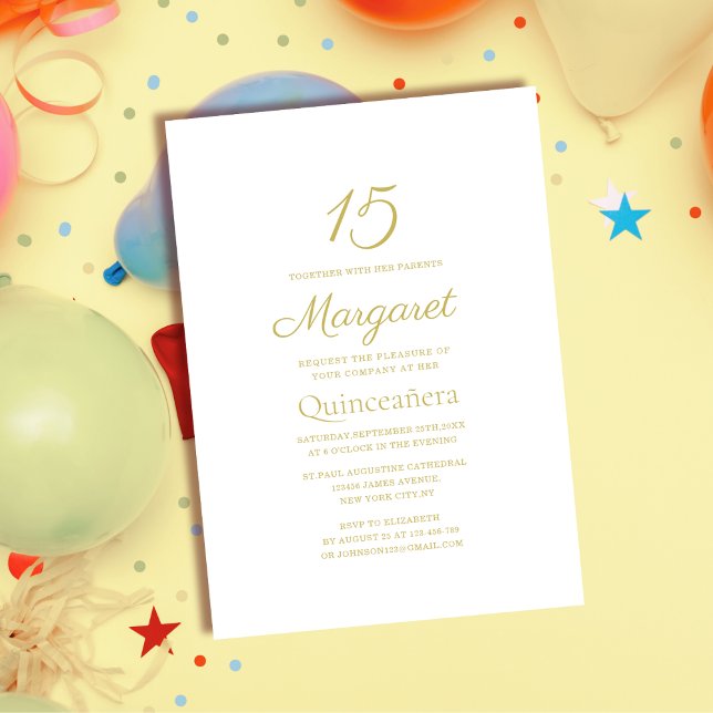 Convite quinceñera elegante branca e ouro (Criador carregado)