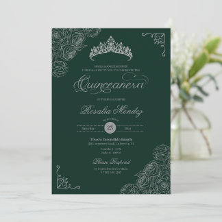 Convite Quinceñera Elegante de Rosas Verdes e Prateados