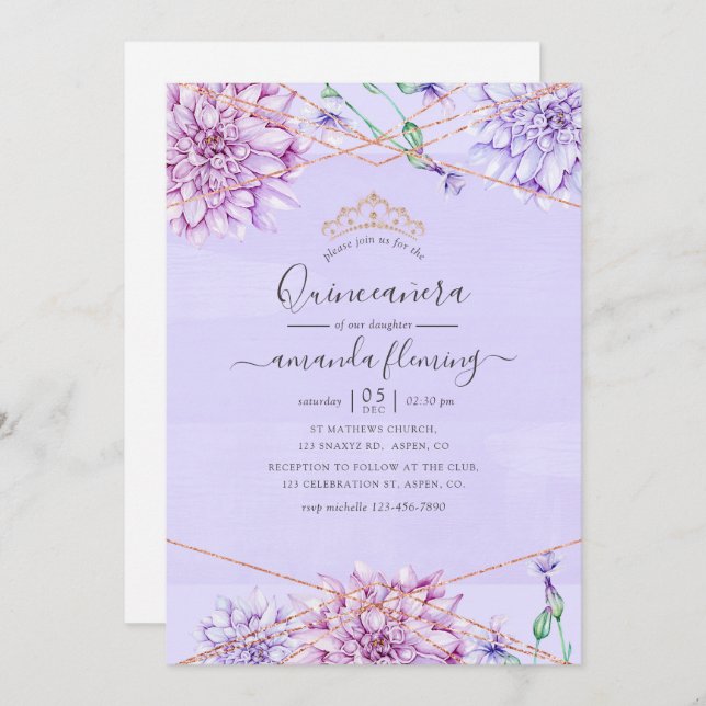 Convite Quinceñera lavanda e Dourada Geométrica Floral (Frente/Verso)