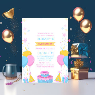 Convite quinceñera rosa azul e amarela vibrante