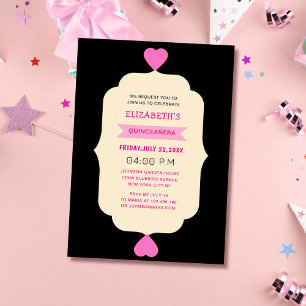 Convite quinceñera rosa, preto e creme