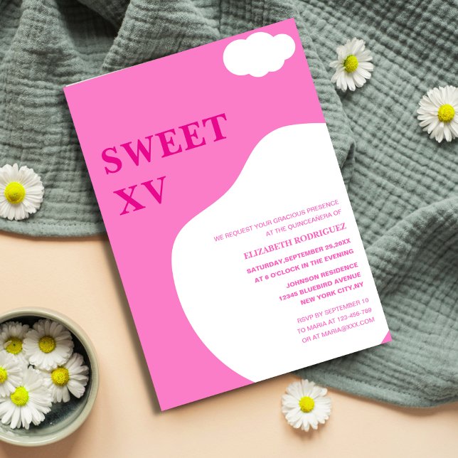 Convite quinceñera única, cor-de-rosa e branca, vibrante (Criador carregado)