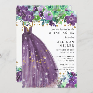 Convite QuinceÑERA, Vestido Dourado Roxo-Chic