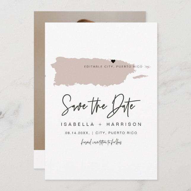 Convite QuINN Porto Rico Blush Pink Map Salvar Data (Frente/Verso)