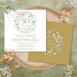 Convite Quinquentenário de aniversário Floral Greenery Squ<br><div class="desc">Um terreno decorativo verde-verde circunda uma falsa borda de folha de ouro contendo texto de 50 anos de aniversário. Abaixo, os detalhes do evento de aniversário são definidos em texto elegante clássico. O reverso apresenta o conjunto de nomes de casais casados dentro de uma granja de folha de ouro floral...</div>