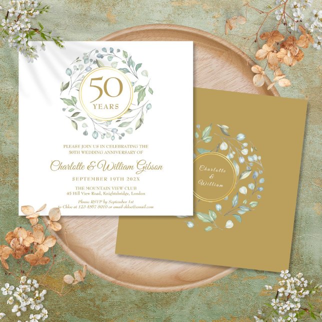 Convite Quinquentenário de aniversário Floral Greenery Squ (50th Wedding Anniversary Floral Greenery Square Invitation)