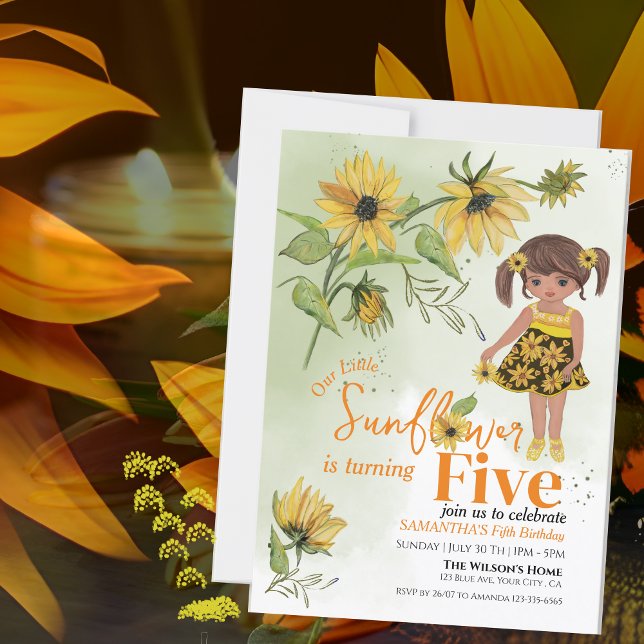 Convite Quinta Garota de Cores de Cama de Girassol (Little Sunflower Watercolor Fifth Girl Birthday Invitation)