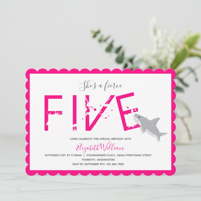 Convite Quinto 5 de tubarão rosa quente (Em pé/Frente)