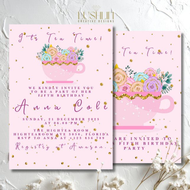 Convite Quinto aniversário do Tea Party Elegante & Sweet a (Criador carregado)