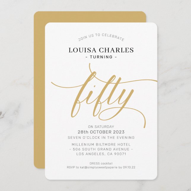 Convite Quinto aniversário elegante guião-chic dourado mod (Frente/Verso)