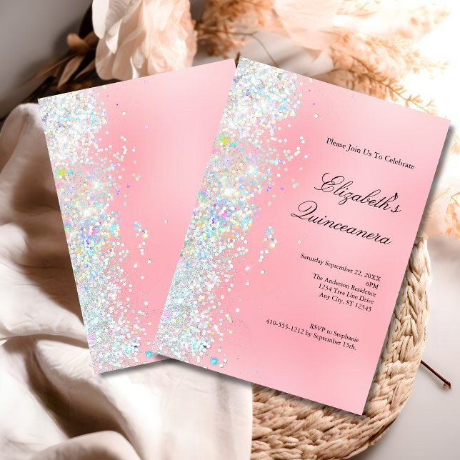 Convite Quinto-Cânera Leve Cor-de-Leve Luminosa Luminosa L (Blush pink white glitter Glam Bling Modern Trendy Quinceanera 15th birthday invitation)