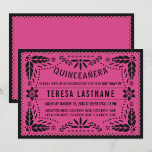 Convite Quinto ceañera cor-de-rosa papel picado