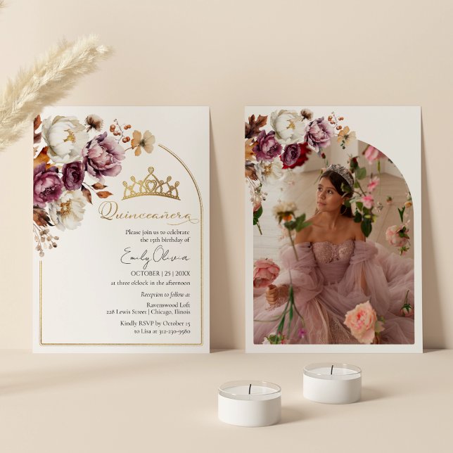 Convite Quinto-ceanera Foto Floral de outono da Burgundy (Criador carregado)