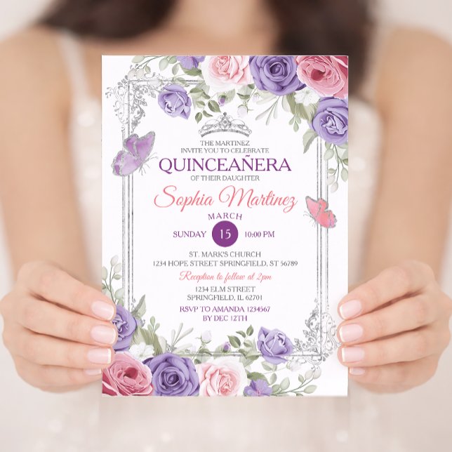 Convite Quinto Ceiñera De Silver Puro Rosa Elegante (Criador carregado)