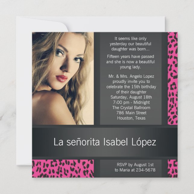 Convite Quinto Foto Personalizada do Leopardo Rosa Quente (Frente)