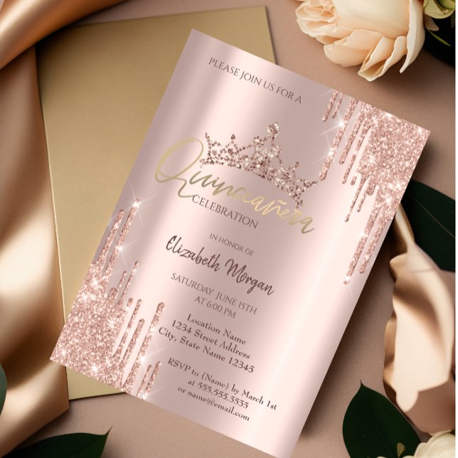 Convite Quinto Rosa de  Dourado da Coroa Glitter Quinceañe (Criador carregado)