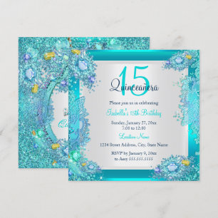 Convite Quinze Anos Azul Turquesa Oceano Quinceanera