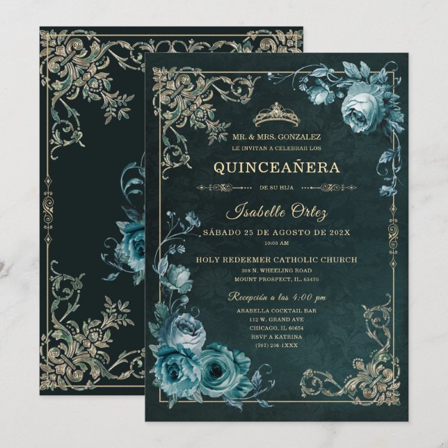 Convite Quinze Anos Cor Esmeralda e ouro (Frente/Verso)