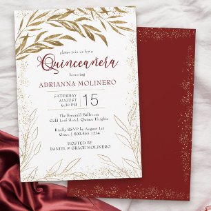 Convite Quinze Anos Elegante Vermelho e Folhas de Ouro