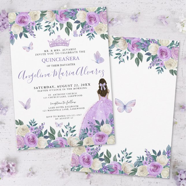 Convite Quinze Anos Floral Borboletas Roxas (Purple Butterfly Floral Quinceañera Invitation)