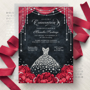 Convite Quinze Anos Floral com Diamantes Vermelhos e Preto