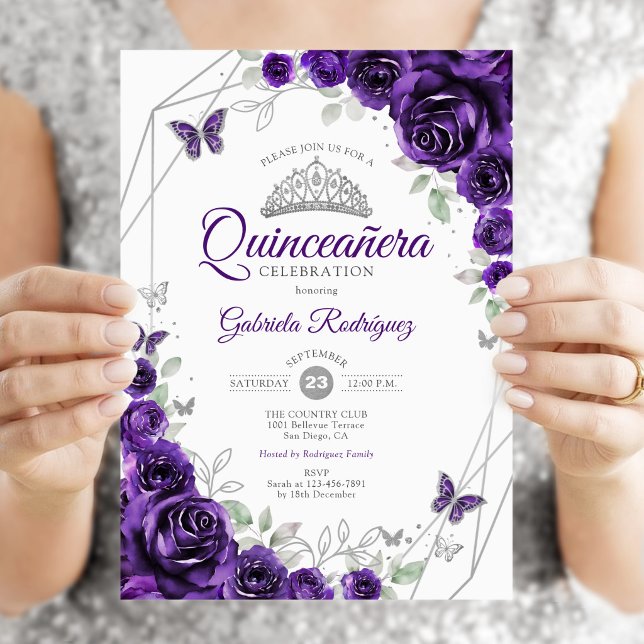 Convite Quinze Anos Floral Prata Roxo (Criador carregado)