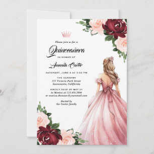 Convite Quinze Anos Floral Rosa Borgonha Quinceañera