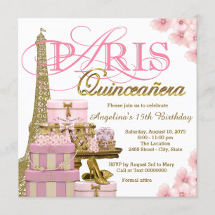 Convite Quinze Anos Paris Rosa e Dourado