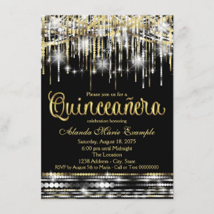 Convite Quinze Anos Preto e Dourado Brilho Glamour Faísca