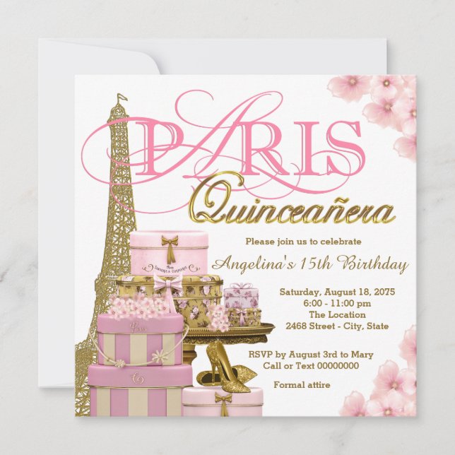 Convite Quinze Anos Rosa e Dourado em Paris (Frente)
