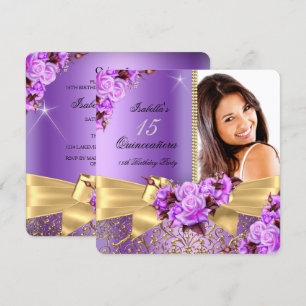 Convite Quinze Anos Roxo Foto Rosa Dourada Aniversário de