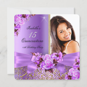 Convite Quinze Anos Roxo Rosa Dourado Aniversário de 15 An