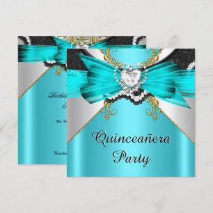 Convite Quinze Anos Teal Dourado Renda Joias Festa