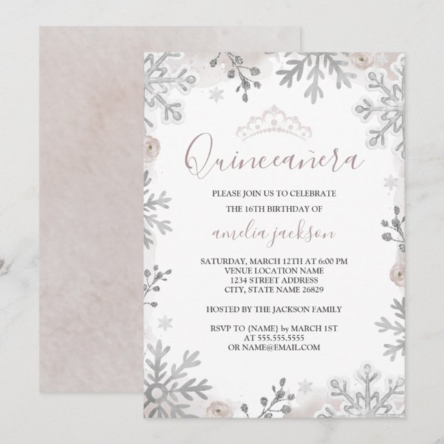 Convite Quinze Anos Winter Wonderland Prata Rosa  (Frente/Verso)