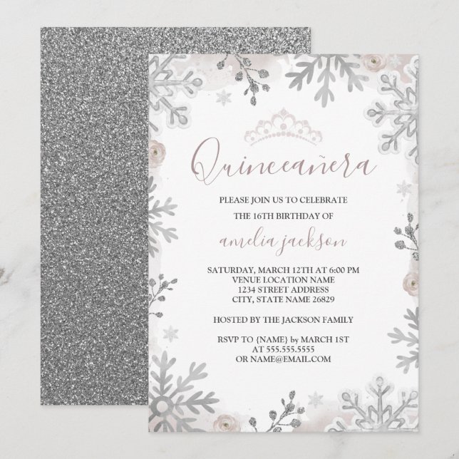 Convite Quinze Anos Winter Wonderland Rosa Prata (Frente/Verso)