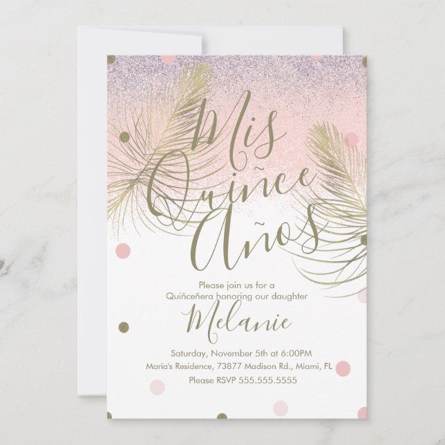 Convite Quinze Pontos Brilhantes Falsos Dourado Rosa (Frente)