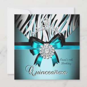 Convite Quinzeanera 15º Azul Turquesa Preto Zebra Prata Ar