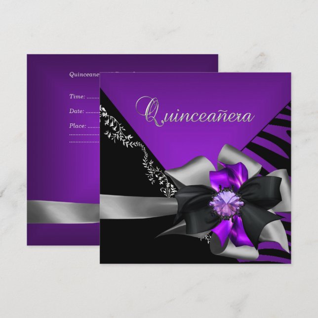 Convite Quinzeanera 15 Zebra Roxo Preto Prata (Frente/Verso)