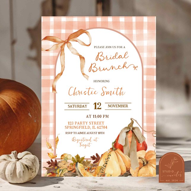 Convite Quirk Gingham Xadrez Arco Pumpkin Bridal Brunch (Criador carregado)