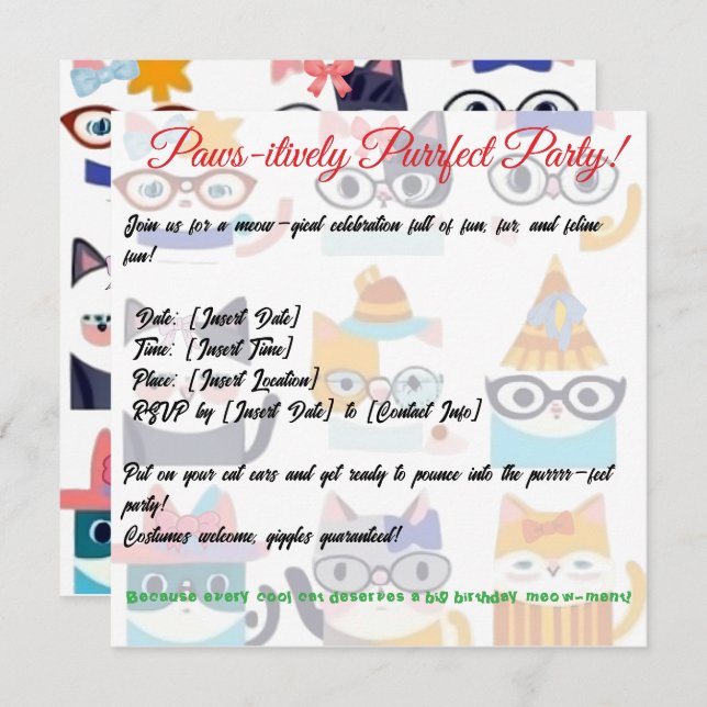 Convite Quirky Cat Whimsic Feline Art para Cat Lovers (Frente/Verso)