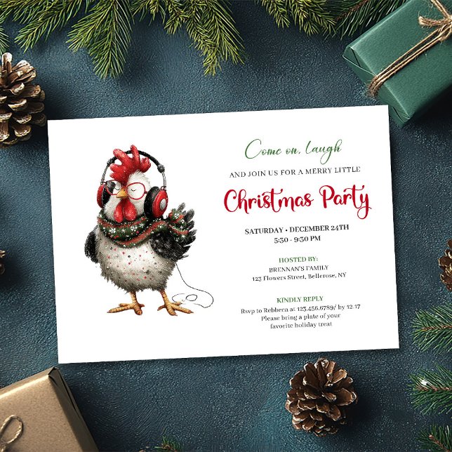 Convite Quirky Chickens Red Green Holiday Party Invitation (Quirky Chickens Red Green Holiday Party Invitation)