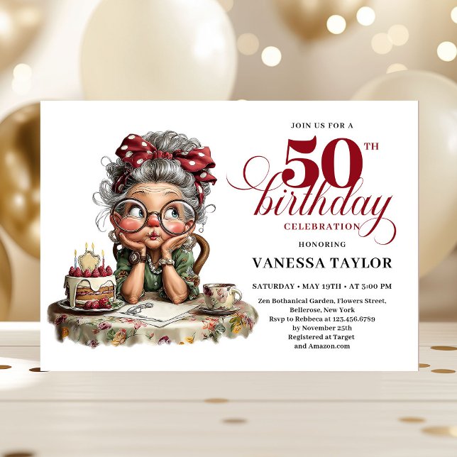 Convite Quirky fifty celebration funny birthday lady (Quirky fifty celebration invite funny birthday lady)