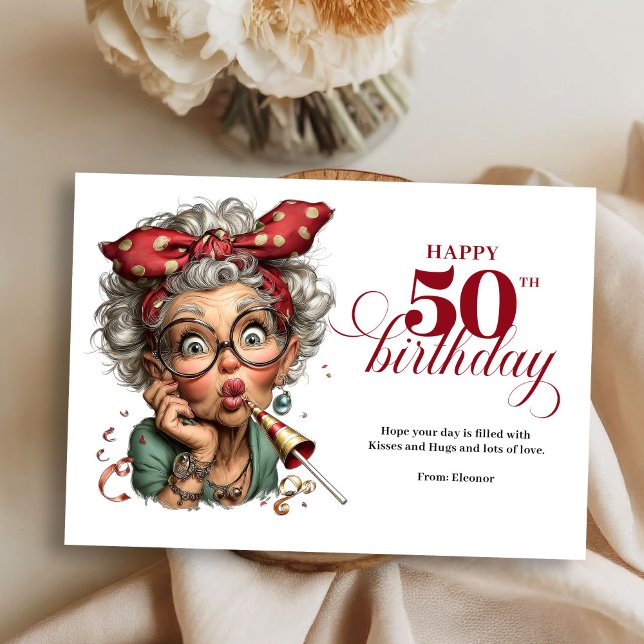 Convite Quirky Funny Lady 50th Birthday Humor Cartoon Card (Quirky Funny Lady 50th Birthday Humor Cartoon Greeting Card)