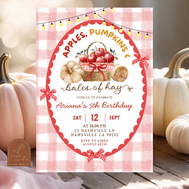 Convite Quirky Gingham Apple Pumpkins e Baldes de Hay (Criador carregado)
