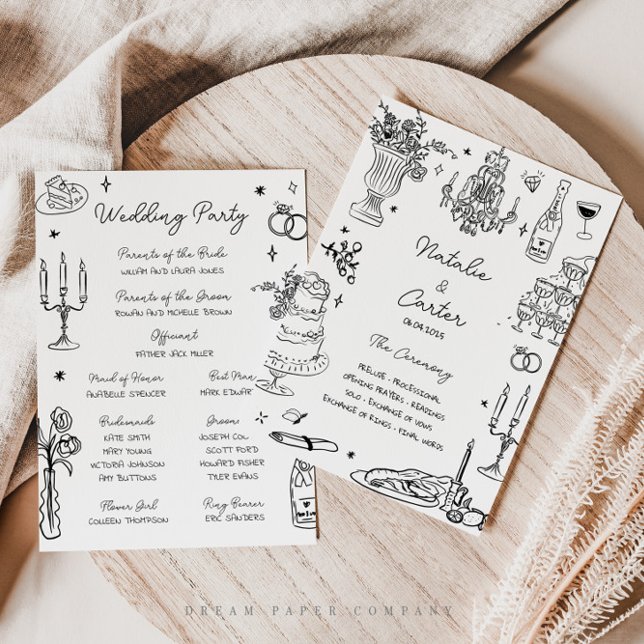 Convite Quirky Hand Drawn Whimsical Wedment Program (Criador carregado)