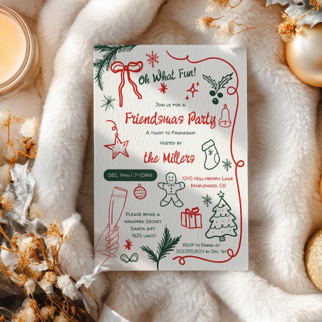 Convite Quirky Illustrated Red Green Friendsmas Christmas (Quirky Illustrated Red Green Friendsmas Christmas Invitation)