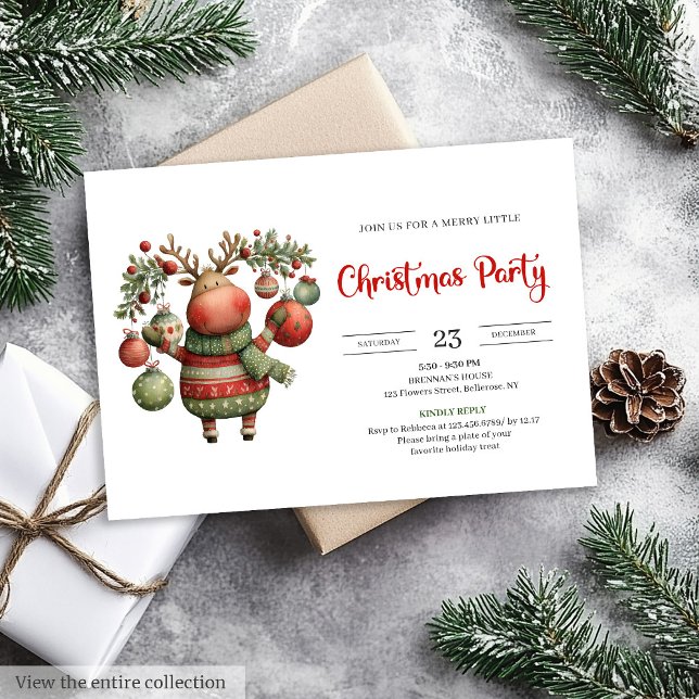 Convite Quirky Reindeer watercolor holiday party invites (Quirky Reindeer watercolor holiday party invitation)