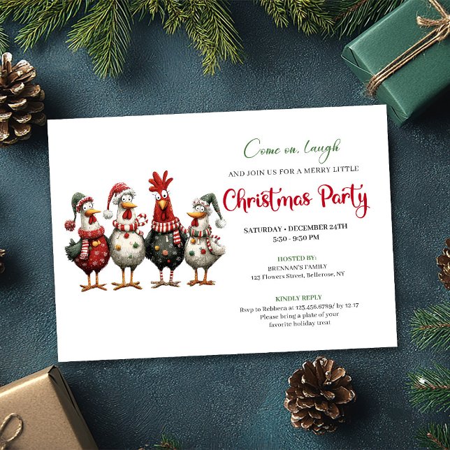 Convite Quirky Watercolor Chickens Red Green Christmas  (Quirky Watercolor Chickens Red Green Christmas Card)